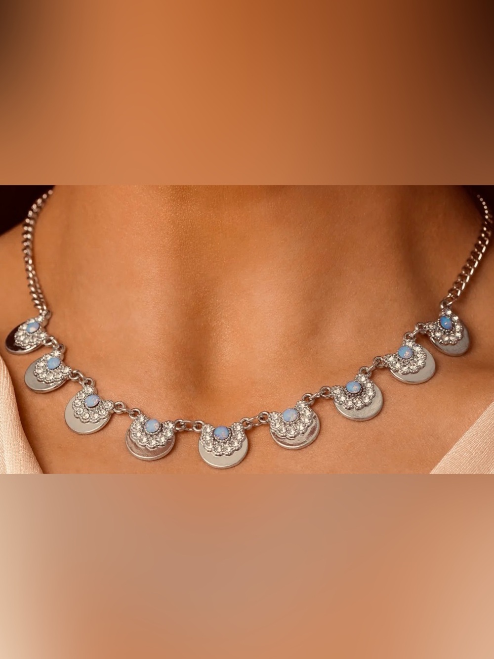 Delicate Soft Blue Crescent Pendant Disc Necklace With Earrings